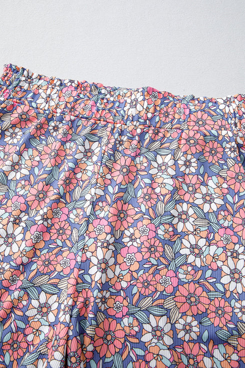 Sky Blue Floral Print Spaghetti Straps Tank Top and Shorts Set